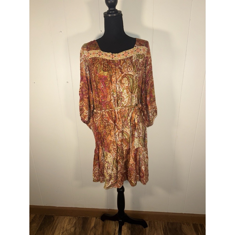Uncle Frank Dress Paisley‎ Belted Small Square Embroidered Neck Line Puff Sleeve